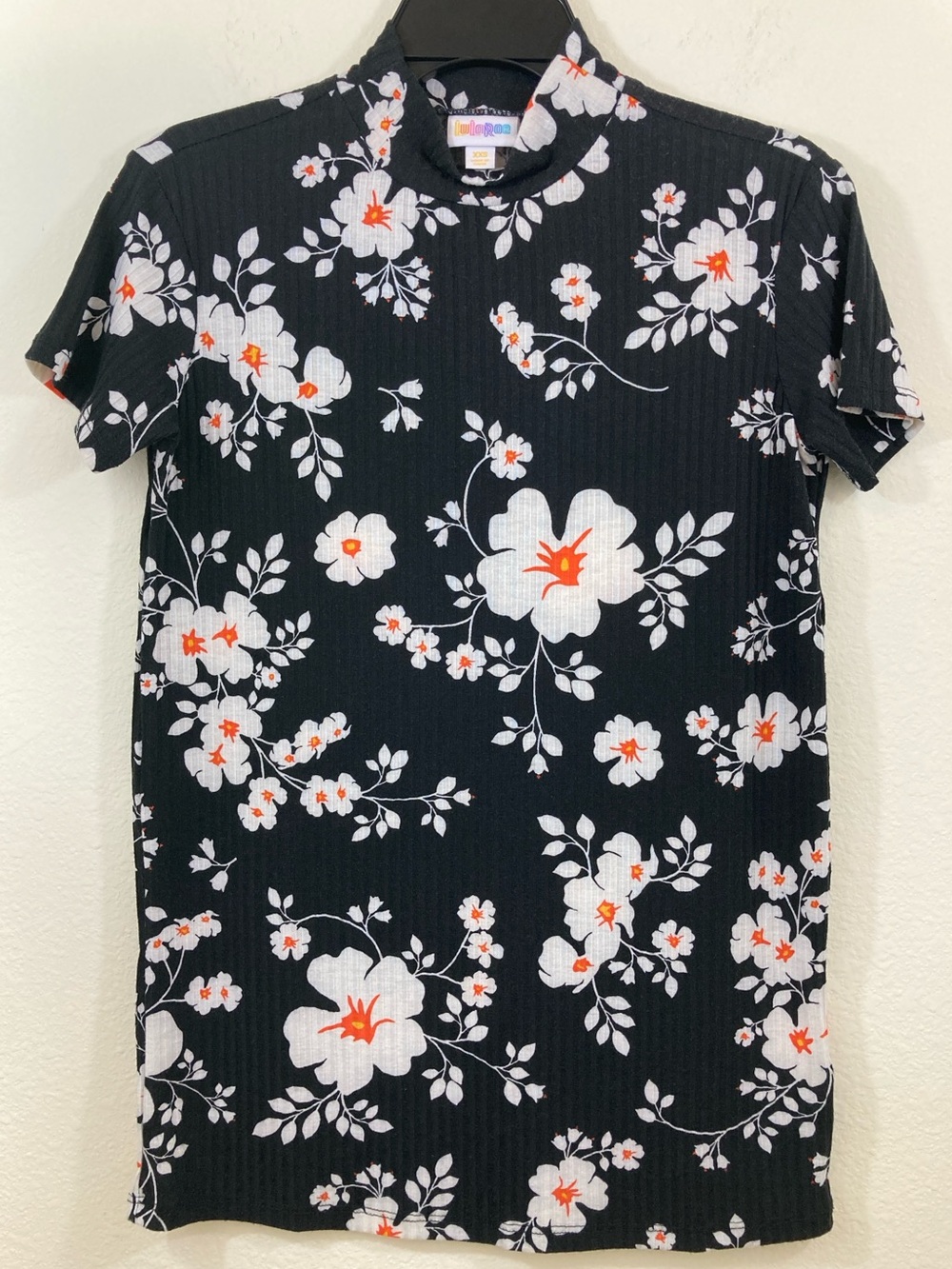 LuLaRoe Ruth Top Size XXS Black Floral Mock Neck Ribbed Shirt